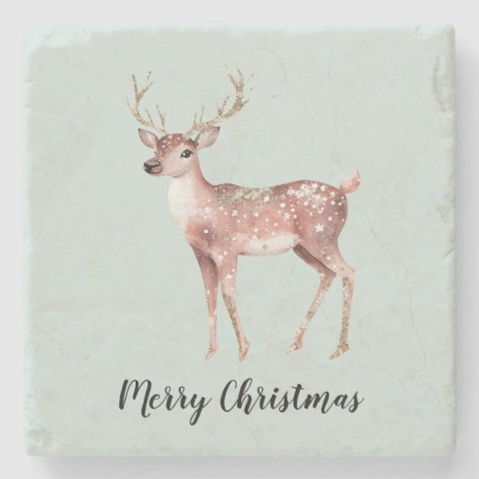 Blush Pink Sage Green Christmas Deer Stenen Onderzetter (Voorkant)