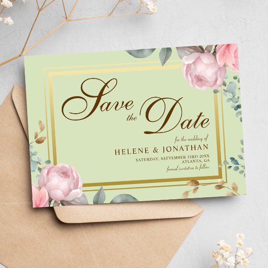 Blush Pink Sage Green Floral Elegant Huwelijk Save The Date