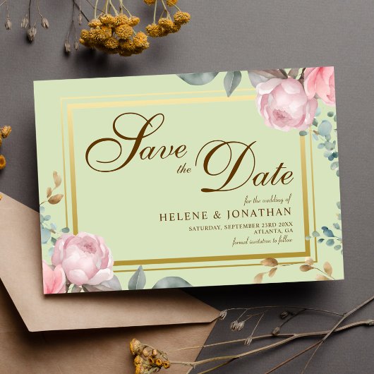 Blush Pink Sage Green Floral Elegant Huwelijk Save The Date