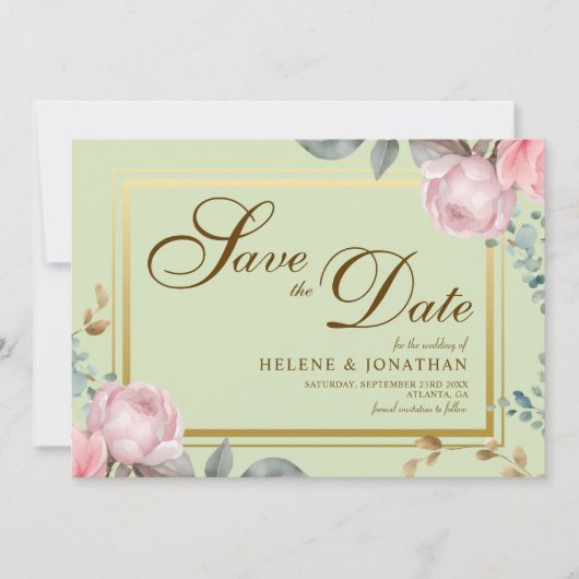 Blush Pink Sage Green Floral Elegant Huwelijk Save The Date (Voorkant)