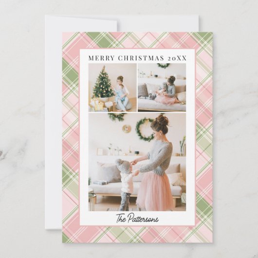 Blush Pink & Sage Green Plaid 3 Foto Kerstmis Feestdagenkaart (Voorkant)