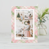 Blush Pink & Sage Green Plaid 3 Foto Kerstmis Feestdagenkaart (Staand voorkant)