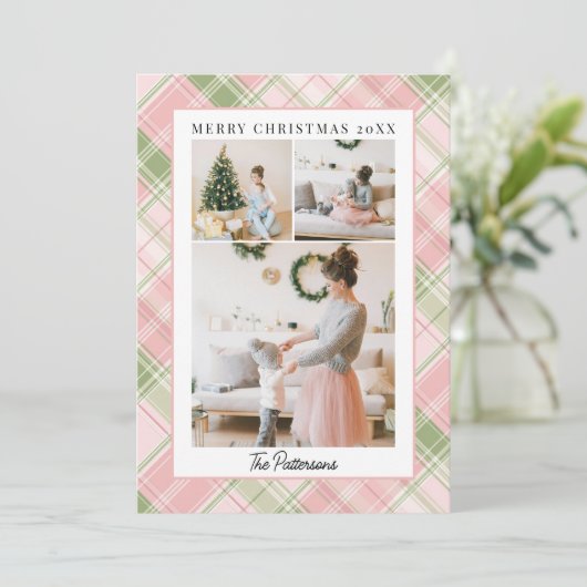 Blush Pink & Sage Green Plaid 3 Foto Kerstmis Feestdagenkaart (Staand voorkant)