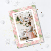 Blush Pink & Sage Green Plaid 3 Foto Kerstmis Feestdagenkaart
