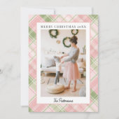 Blush Pink & Sage Green Plaid Photo Christmas Feestdagenkaart (Voorkant)