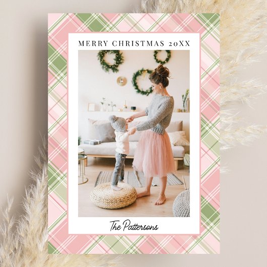 Blush Pink & Sage Green Plaid Photo Christmas Feestdagenkaart