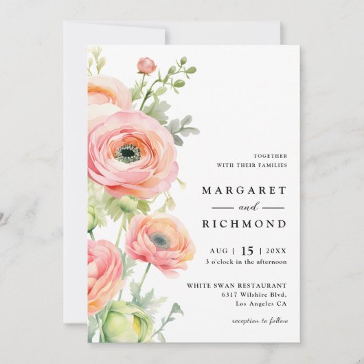 Blush Pink & Sage Green Ranunculus Bloemen Huwelij Kaart (Voorkant)