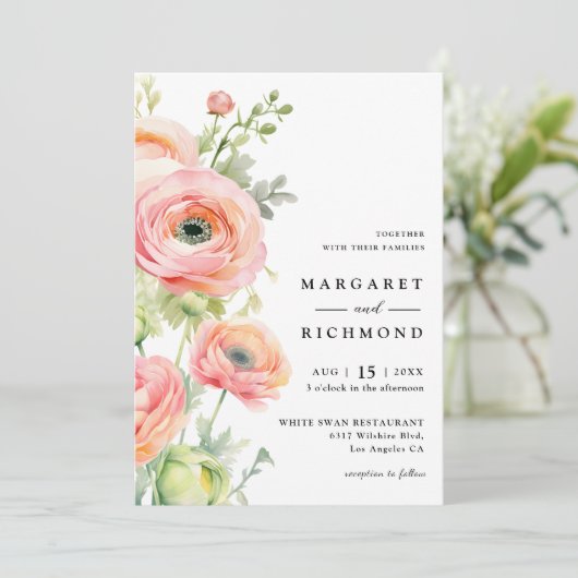 Blush Pink & Sage Green Ranunculus Bloemen Huwelij Kaart (Staand voorkant)