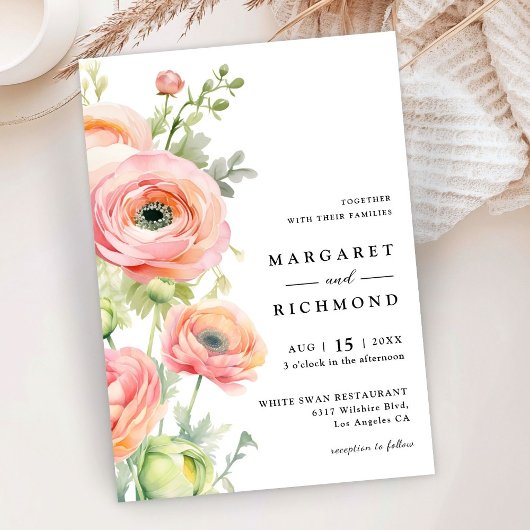 Blush Pink & Sage Green Ranunculus Bloemen Huwelij Kaart