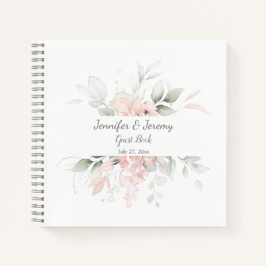 Blush Pink Sage Green Waterverf Rozen Gastboek Notitieboek (Voorkant)
