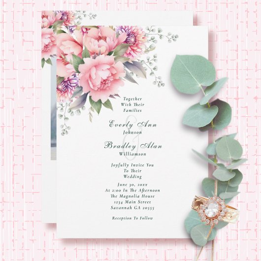 Blush Pink Sage Watercolor Floral Photo Wedding Kaart