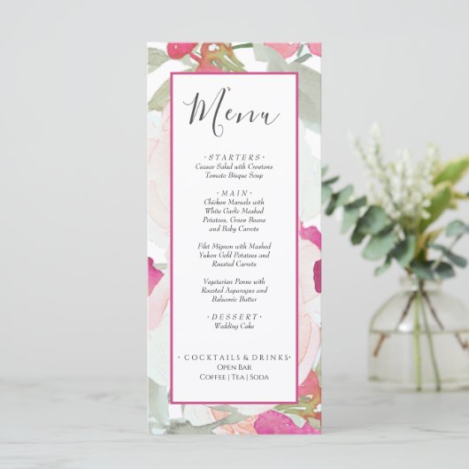 Blush Pink Sage Waterverf Bloemen Huwelijk Menu (Staand voorkant)