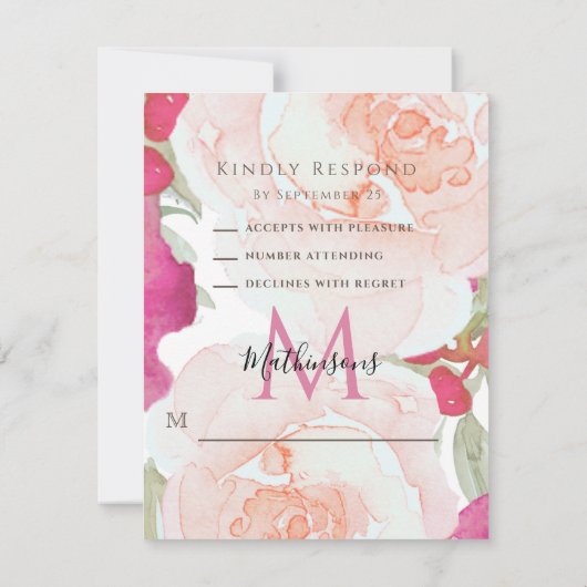 Blush Pink Sage Waterverf Bloemen Huwelijk RSVP Kaartje (Achterkant)