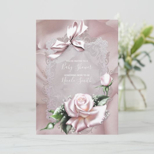 Blush Pink Satin Bow & Roos Lacy Baby shower Kaart (Staand voorkant)