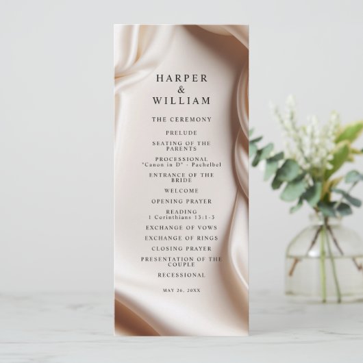 Blush Pink Satin Elegance Wedding Program Kaart (Staand voorkant)