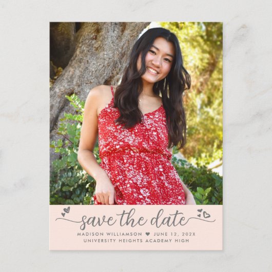 Blush Pink Save Datum Foto Afstuderen Script Hart Uitnodiging Briefkaart (Voorkant)