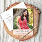 Blush Pink Save Datum Foto Afstuderen Script Hart Uitnodiging Briefkaart