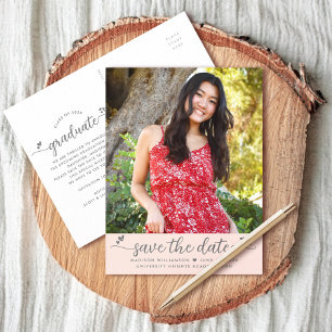 Blush Pink Save Datum Foto Afstuderen Script Hart Uitnodiging Briefkaart