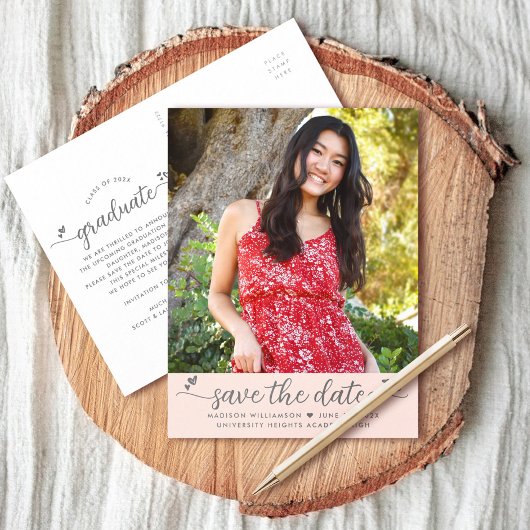 Blush Pink Save Datum Foto Afstuderen Script Hart Uitnodiging Briefkaart