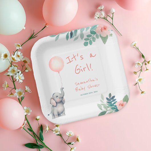 Blush Pink Schattige Elephant Balloon Baby shower Papieren Bordje