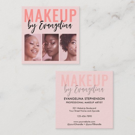 Blush Pink Script 3 Photo Makeup Vierkante Visitekaartje (Voorkant / Achterkant)