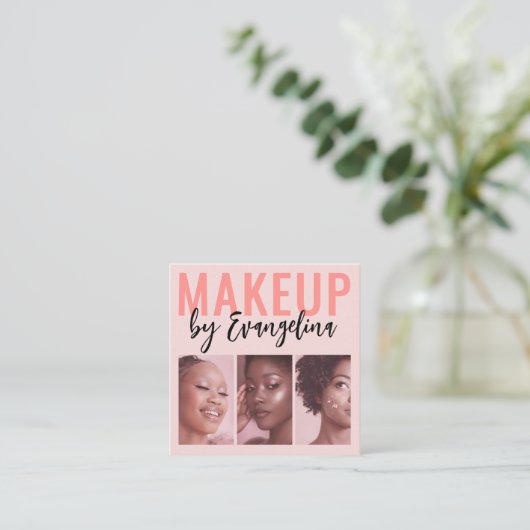 Blush Pink Script 3 Photo Makeup Vierkante Visitekaartje (Staand voorkant)