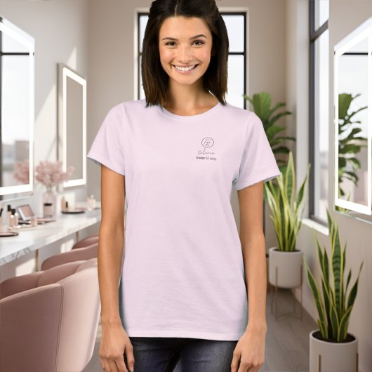 Blush Pink Script Employee Name Makeup Studio Logo T-shirt