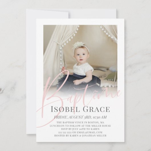 Blush Pink Script Foto Baptême Kaart (Voorkant)