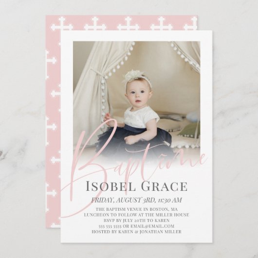 Blush Pink Script Foto Baptême Kaart (Voorkant / Achterkant)