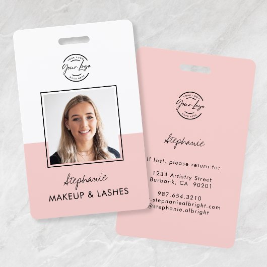 Blush Pink Script Logo Employee Photo ID Makeup Badge