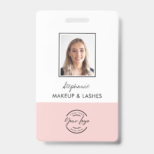 Blush Pink Script Logo Employee Photo Makeup Badge (Front)