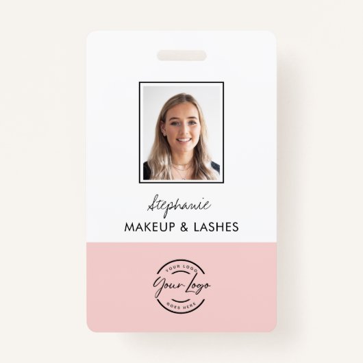 Blush Pink Script Logo Employee Photo Makeup Badge (Voorkant)