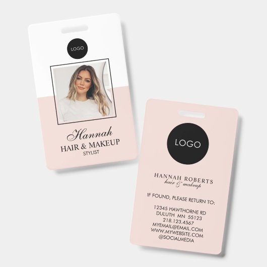 Blush Pink Script Logo Hair Photo Makeup Badge (Voor- en achterkant)