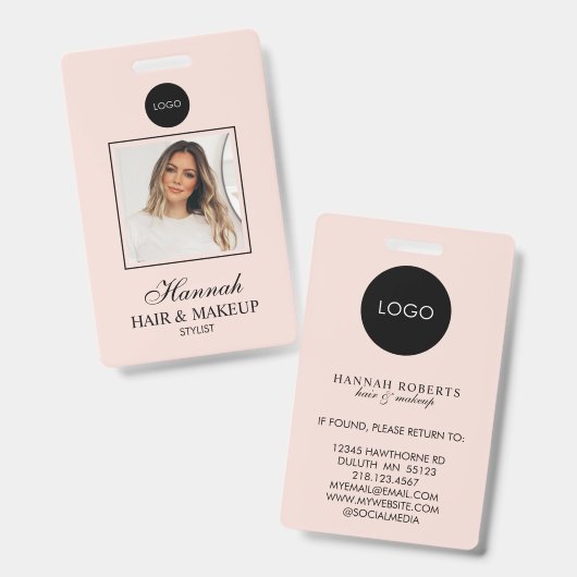 Blush Pink Script Logo Hair Photo Makeup Badge (Voor- en achterkant)