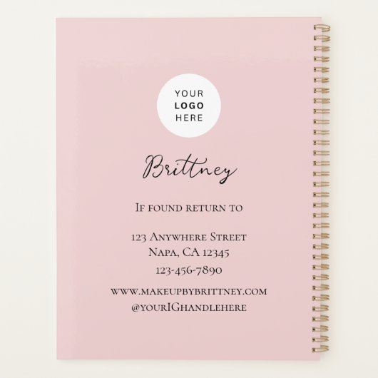 Blush Pink Script Logo Photo Makeup Customizable  Planner (Achterkant)