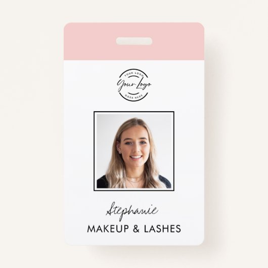 Blush Pink Script Logo Photo Makeup Employee ID Badge (Voorkant)