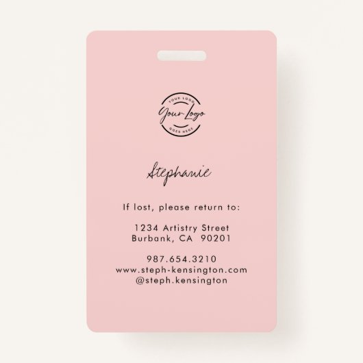 Blush Pink Script Logo Photo Makeup Employee ID Badge (Achterkant)