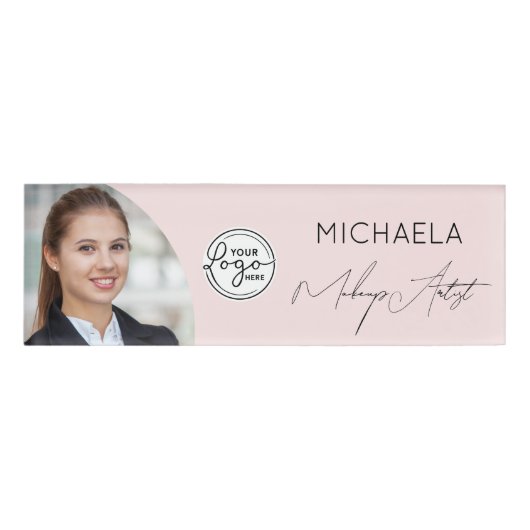 Blush Pink Script Logo Photo Makeup Naambadge (Voorkant)