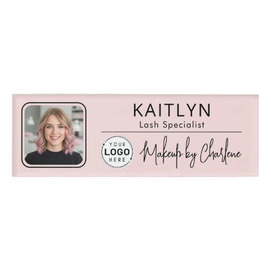 Blush Pink Script Logo Photo Makeup Naambadge (Voorkant)