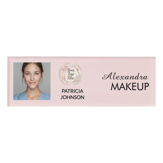 Blush Pink Script Logo Photo Makeup Naambadge (Voorkant)
