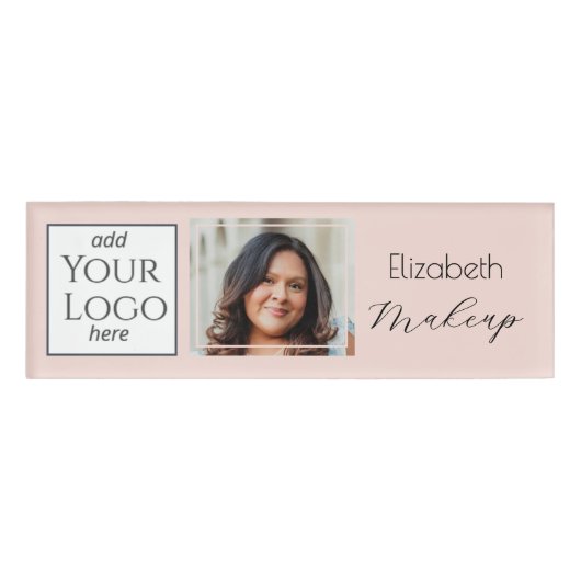 Blush Pink Script Logo Photo Makeup Naambadge (Voorkant)