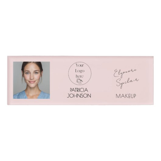 Blush Pink Script Logo Photo Makeup Naambadge (Voorkant)