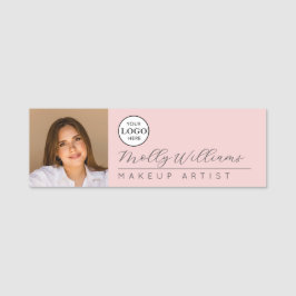 Blush Pink Script Logo Photo Makeup Name Tag