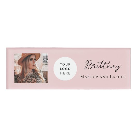 Blush Pink Script Logo Photo Makeup Name Tag (Voorkant)