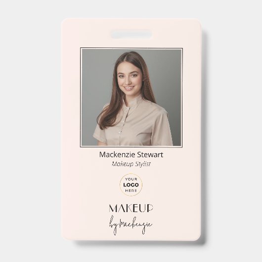 Blush Pink Script Logo Photo Makeup Stylist Badge (Voorzijde)