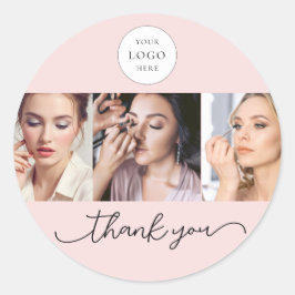 Blush Pink Script Logo Photo Makeup Thank You Ronde Sticker