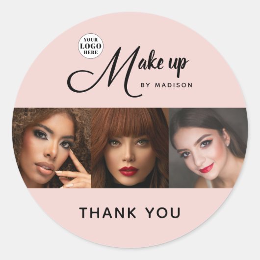 Blush Pink Script Logo Photo Makeup Thank You Ronde Sticker (Voorkant)