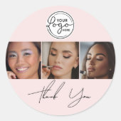 Blush Pink Script Logo Photo Makeup Thank You  Ronde Sticker (Voorkant)