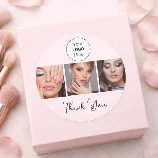 Blush Pink Script Logo Photo Makeup Thank You Ronde Sticker