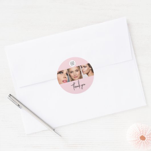 Blush Pink Script Logo Photo Makeup Thank You Ronde Sticker (Envelop)